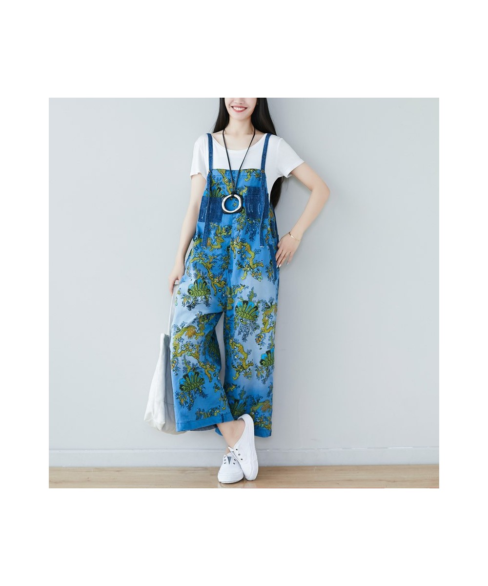 Women Vintage Printed Patchwork Denim Jumpsuits Ladies Scratched Bleached Denim Overalls Pants Female Rompers 2023 $73.57 - J...