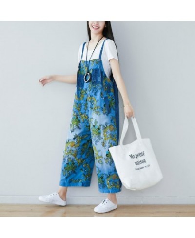 Women Vintage Printed Patchwork Denim Jumpsuits Ladies Scratched Bleached Denim Overalls Pants Female Rompers 2023 $73.57 - J...