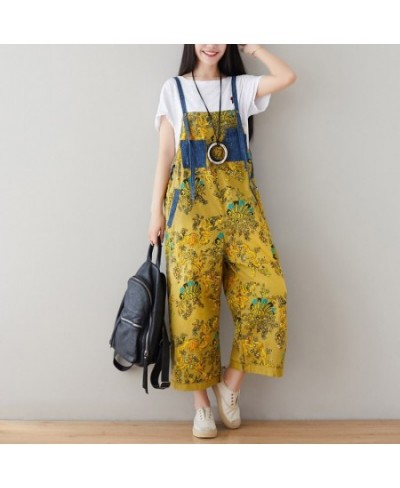 Women Vintage Printed Patchwork Denim Jumpsuits Ladies Scratched Bleached Denim Overalls Pants Female Rompers 2023 $73.57 - J...