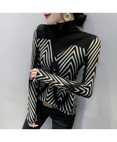 New 2023 Autumn Winter Turtleneck Women's T-Shirt Fashion Casual Patchwork Striped Mesh Top Plus Size Female Shirt $31.81 - T...