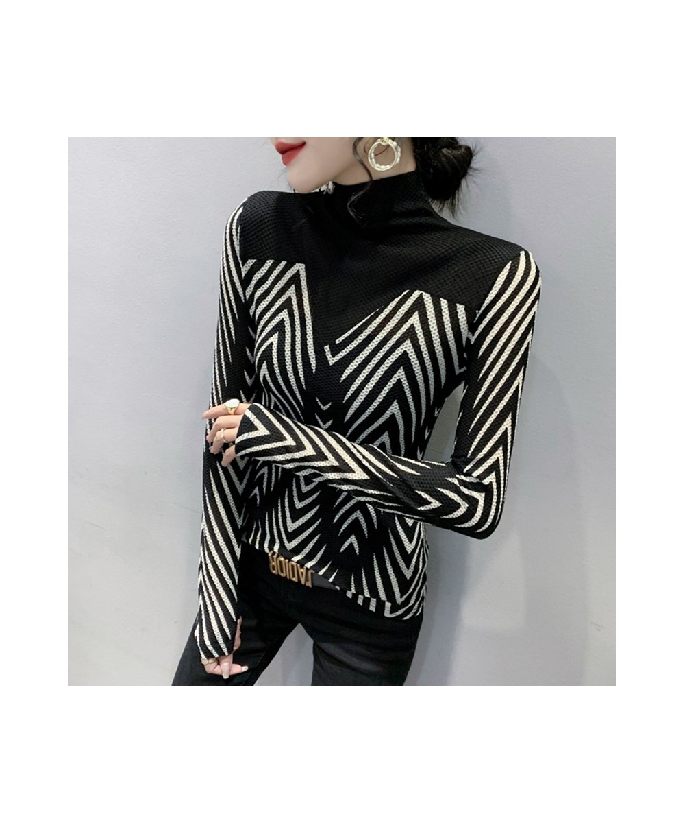 New 2023 Autumn Winter Turtleneck Women's T-Shirt Fashion Casual Patchwork Striped Mesh Top Plus Size Female Shirt $31.81 - T...