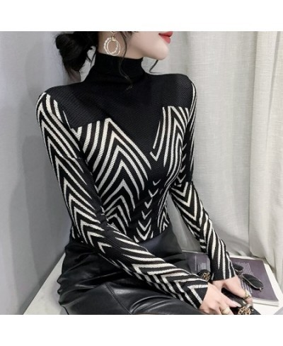 New 2023 Autumn Winter Turtleneck Women's T-Shirt Fashion Casual Patchwork Striped Mesh Top Plus Size Female Shirt $31.81 - T...