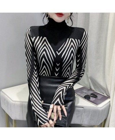 New 2023 Autumn Winter Turtleneck Women's T-Shirt Fashion Casual Patchwork Striped Mesh Top Plus Size Female Shirt $31.81 - T...