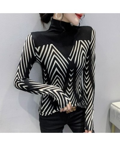 New 2023 Autumn Winter Turtleneck Women's T-Shirt Fashion Casual Patchwork Striped Mesh Top Plus Size Female Shirt $31.81 - T...