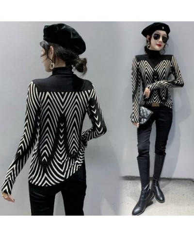 New 2023 Autumn Winter Turtleneck Women's T-Shirt Fashion Casual Patchwork Striped Mesh Top Plus Size Female Shirt $31.81 - T...