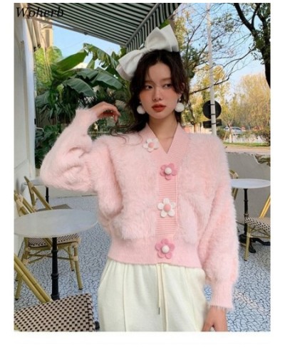 New Sweet Pink Mink Fluffy Knitted Cardigan Sweater Women Korean Gentle V Neck Pull Femme Flower Buttons Long Sleeve Tops $50...