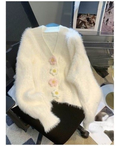 New Sweet Pink Mink Fluffy Knitted Cardigan Sweater Women Korean Gentle V Neck Pull Femme Flower Buttons Long Sleeve Tops $50...