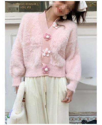 New Sweet Pink Mink Fluffy Knitted Cardigan Sweater Women Korean Gentle V Neck Pull Femme Flower Buttons Long Sleeve Tops $50...