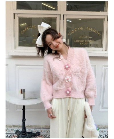 New Sweet Pink Mink Fluffy Knitted Cardigan Sweater Women Korean Gentle V Neck Pull Femme Flower Buttons Long Sleeve Tops $50...