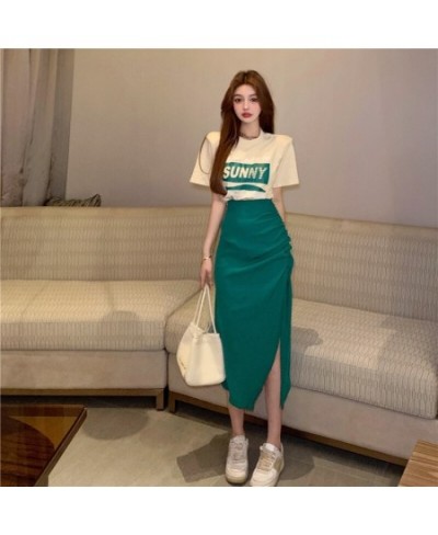 Summer New Two-piece Suit Loose Casual Print T-shirt And High Waist Slit Skirt 2 Piece Set Women $63.84 - Suits & Sets