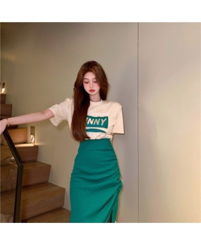 Summer New Two-piece Suit Loose Casual Print T-shirt And High Waist Slit Skirt 2 Piece Set Women $63.84 - Suits & Sets