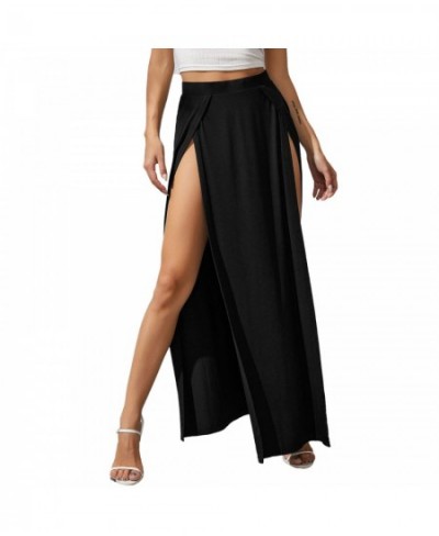 Women High Split Long Skirts Summer Casual Side Split Flare Beach Skirt Solid Color Elastic High Waist A-Line Skirts 2022 New...