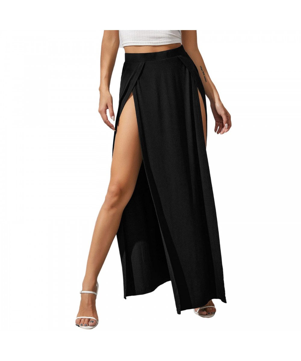 Women High Split Long Skirts Summer Casual Side Split Flare Beach Skirt Solid Color Elastic High Waist A-Line Skirts 2022 New...