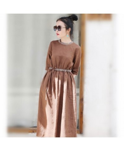 2023 Spring Summer Arts Style Women Half Sleeve Loose O-neck Long Dress All-matched Casual High Waist Cotton Linen Dresses A1...