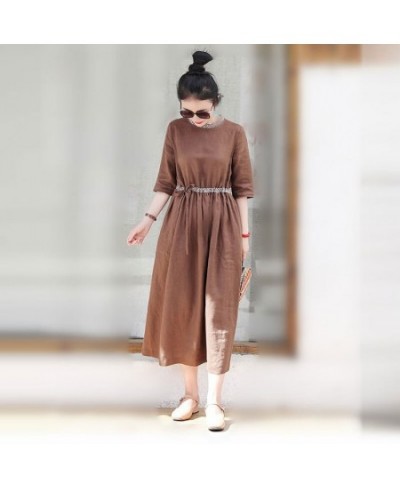 2023 Spring Summer Arts Style Women Half Sleeve Loose O-neck Long Dress All-matched Casual High Waist Cotton Linen Dresses A1...