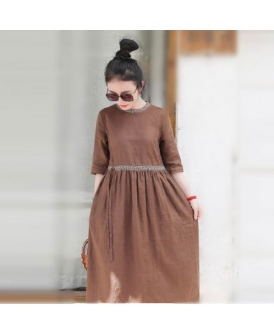 2023 Spring Summer Arts Style Women Half Sleeve Loose O-neck Long Dress All-matched Casual High Waist Cotton Linen Dresses A1...