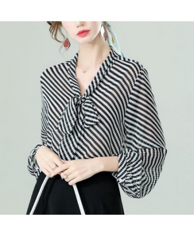 Fashion Striped V-Neck Bow Lantern Sleeve Chiffon Shirt Women's Clothing 2022 Spring Casual Loose Oversized Pullovers Blouse ...