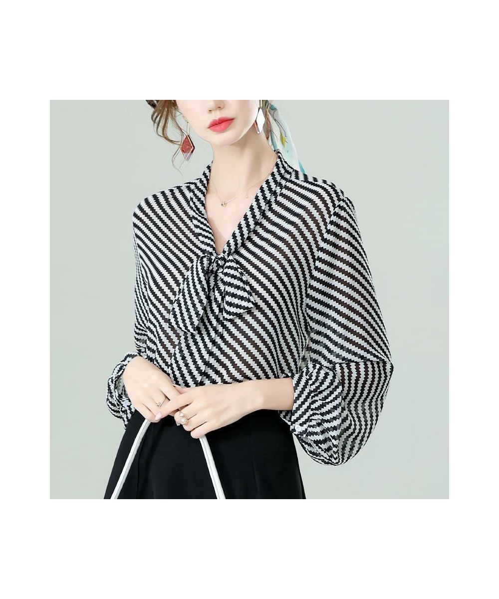 Fashion Striped V-Neck Bow Lantern Sleeve Chiffon Shirt Women's Clothing 2022 Spring Casual Loose Oversized Pullovers Blouse ...