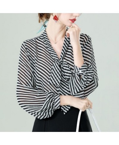 Fashion Striped V-Neck Bow Lantern Sleeve Chiffon Shirt Women's Clothing 2022 Spring Casual Loose Oversized Pullovers Blouse ...