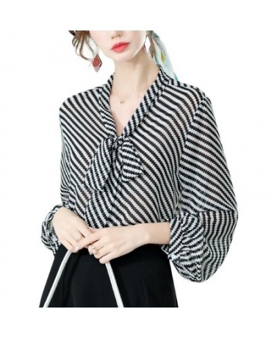 Fashion Striped V-Neck Bow Lantern Sleeve Chiffon Shirt Women's Clothing 2022 Spring Casual Loose Oversized Pullovers Blouse ...