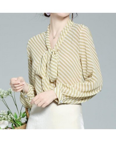 Fashion Striped V-Neck Bow Lantern Sleeve Chiffon Shirt Women's Clothing 2022 Spring Casual Loose Oversized Pullovers Blouse ...