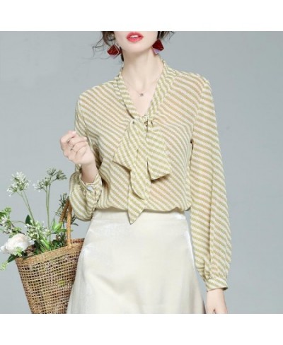 Fashion Striped V-Neck Bow Lantern Sleeve Chiffon Shirt Women's Clothing 2022 Spring Casual Loose Oversized Pullovers Blouse ...