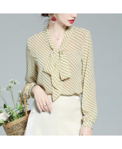 Fashion Striped V-Neck Bow Lantern Sleeve Chiffon Shirt Women's Clothing 2022 Spring Casual Loose Oversized Pullovers Blouse ...