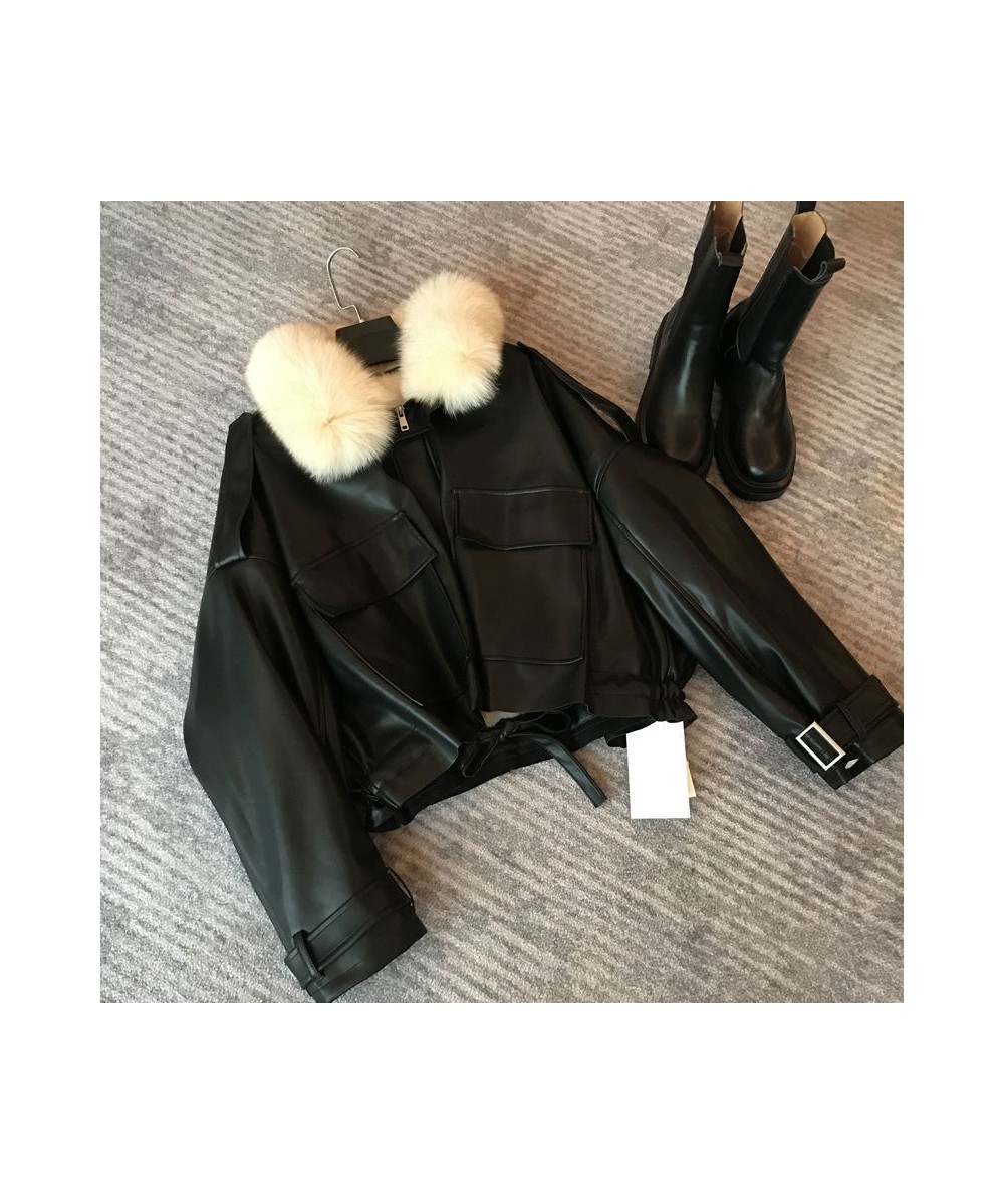 Chic Autumn Winter Detachable Faux Mink Fur Collar PU Bomber Jacket Plus Velvet Thick Trench Coat Faux Leather Zipper Jacket ...