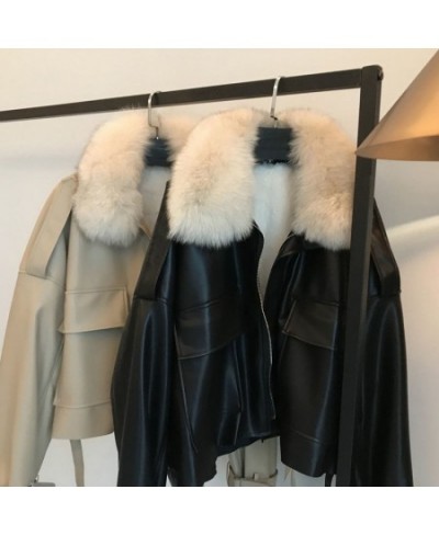 Chic Autumn Winter Detachable Faux Mink Fur Collar PU Bomber Jacket Plus Velvet Thick Trench Coat Faux Leather Zipper Jacket ...