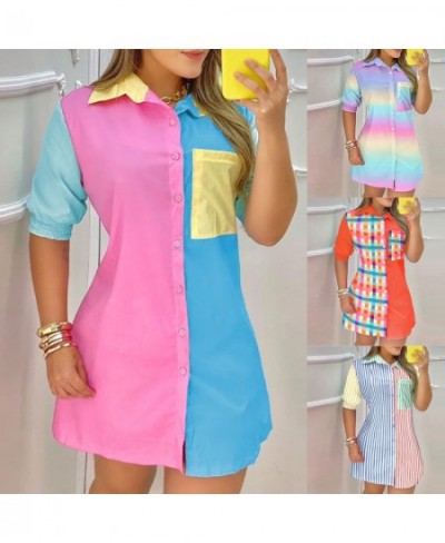 Front Pocket Design Colorblock Shirt Dress Casual Short Sleeve Button Front Pocket Design Colorblock Shirt Dress платье летне...