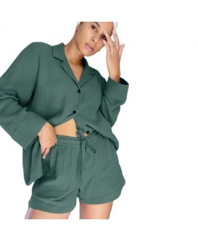 Cotton Sleepwear Women Pajama Turn Down Collar Suits With Shorts Long Sleeve Pajamas For Sleep Nightgowns Casual Nightwear $4...