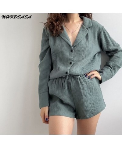 Cotton Sleepwear Women Pajama Turn Down Collar Suits With Shorts Long Sleeve Pajamas For Sleep Nightgowns Casual Nightwear $4...