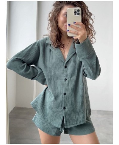 Cotton Sleepwear Women Pajama Turn Down Collar Suits With Shorts Long Sleeve Pajamas For Sleep Nightgowns Casual Nightwear $4...