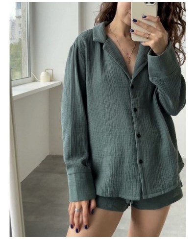 Cotton Sleepwear Women Pajama Turn Down Collar Suits With Shorts Long Sleeve Pajamas For Sleep Nightgowns Casual Nightwear $4...