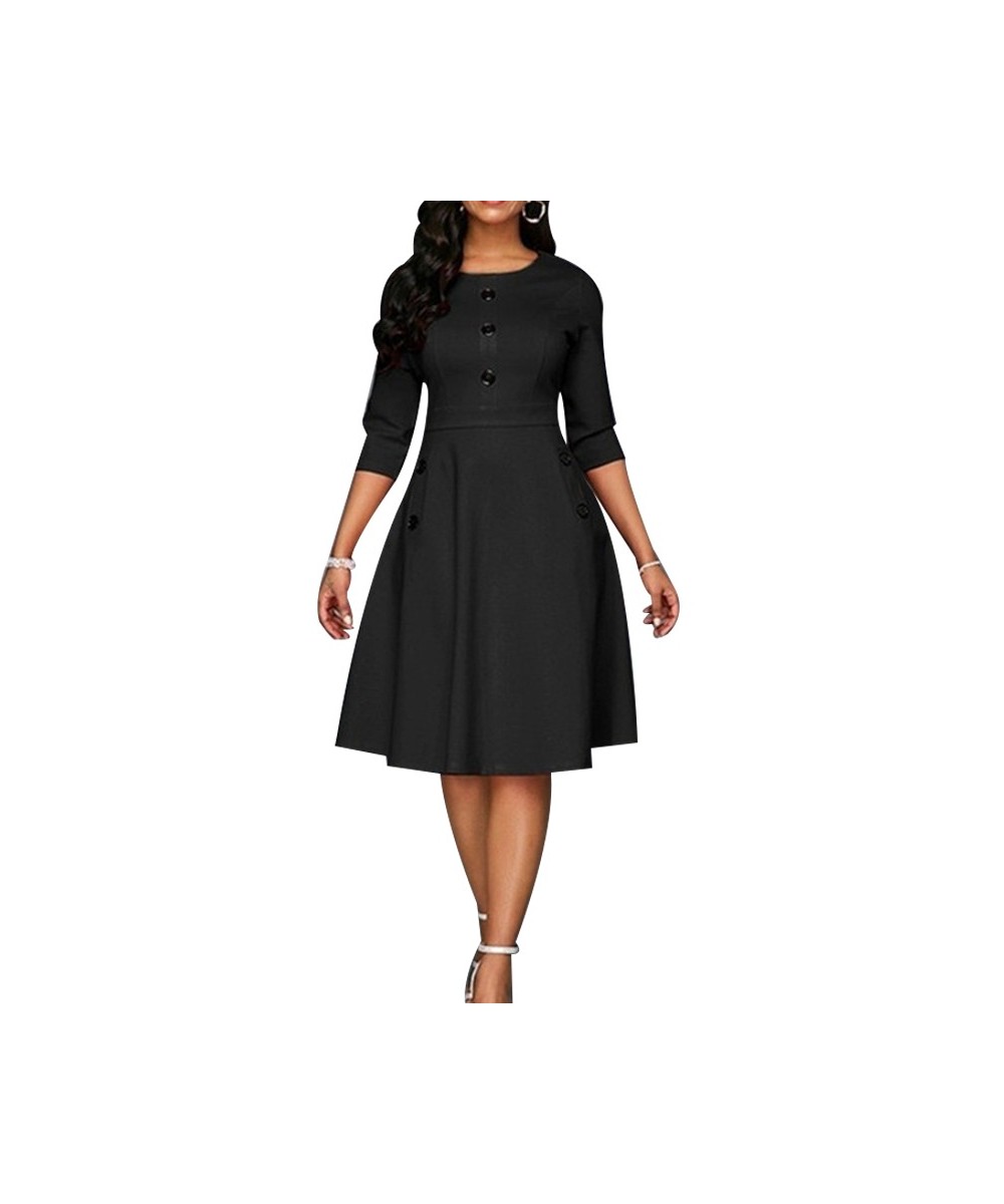 New Elegant Dress Women Solid Color Round Neck Seven-Quarter Sleeve A-Line Retro Dress Fashion Female Knee-Length Dress $40.0...