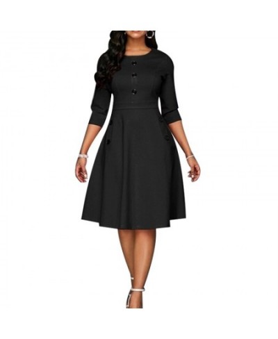 New Elegant Dress Women Solid Color Round Neck Seven-Quarter Sleeve A-Line Retro Dress Fashion Female Knee-Length Dress $40.0...