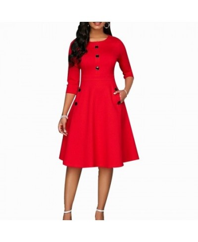 New Elegant Dress Women Solid Color Round Neck Seven-Quarter Sleeve A-Line Retro Dress Fashion Female Knee-Length Dress $40.0...