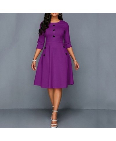 New Elegant Dress Women Solid Color Round Neck Seven-Quarter Sleeve A-Line Retro Dress Fashion Female Knee-Length Dress $40.0...