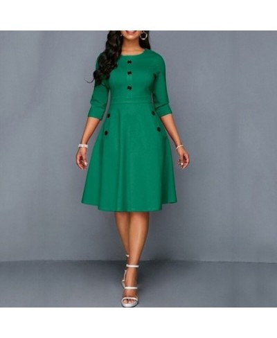 New Elegant Dress Women Solid Color Round Neck Seven-Quarter Sleeve A-Line Retro Dress Fashion Female Knee-Length Dress $40.0...