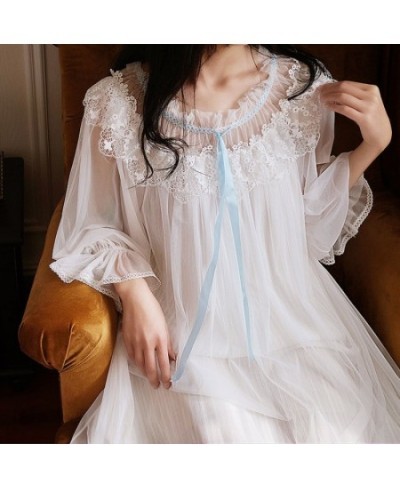 Romantic Long Night Dress Women Autumn White Tulle Nighty Lace Peignoir Victorian Vintage Nightgowns Sleepwear Bridesmaid Rob...