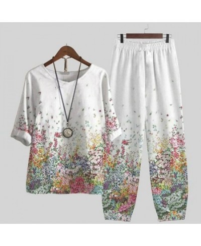 Summer Two Piece Sets Womens Outfits O Neck Flower Print Loose Short Sleeve Shirt High Waist Pants Suit 2023 $51.97 - Suits &...