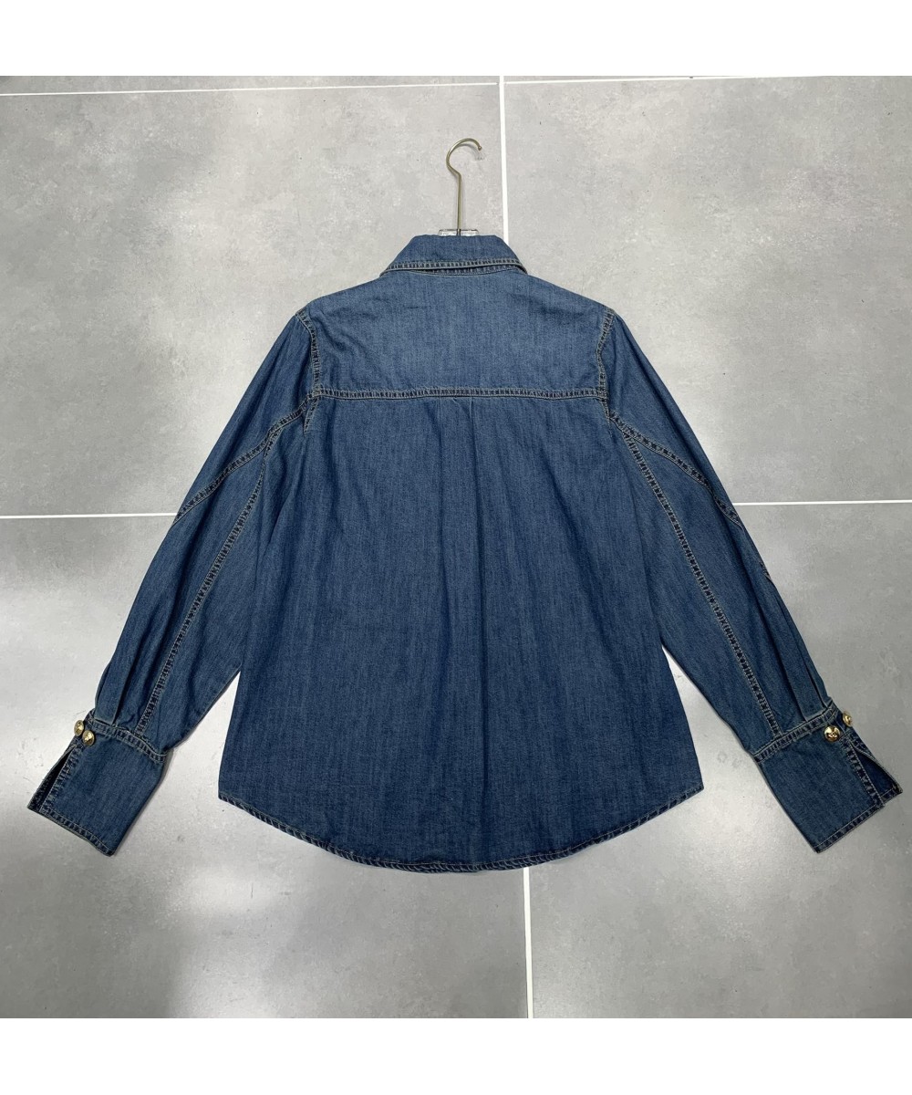 2023 New Women Fashion Blue Denim Shirts Women Girls Autumn Casual Long Sleeve Solid Blue One Pockets cotton blend tops $87.7...