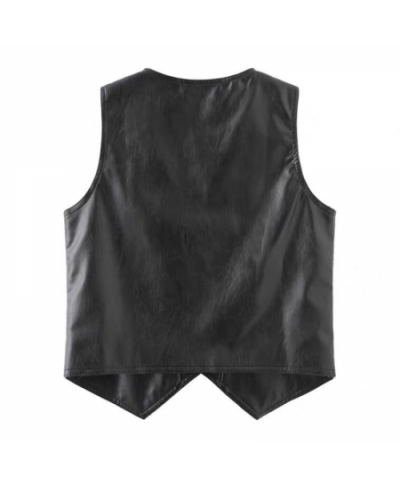 Women Autumn Winter New Fashion PU Leather Vest Female Solid V-neck Button Sleeveless Vests Ladies Casual Short Waistcoat A16...