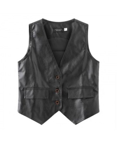 Women Autumn Winter New Fashion PU Leather Vest Female Solid V-neck Button Sleeveless Vests Ladies Casual Short Waistcoat A16...