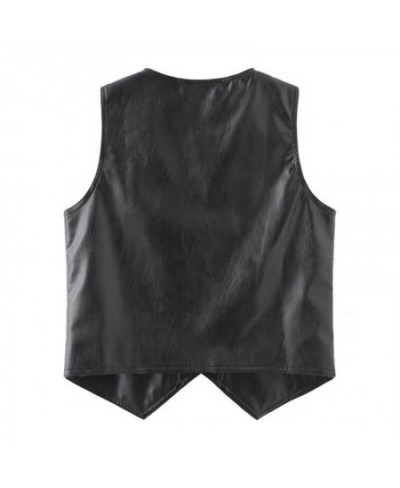 Women Autumn Winter New Fashion PU Leather Vest Female Solid V-neck Button Sleeveless Vests Ladies Casual Short Waistcoat A16...