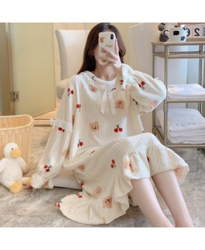 Plus Size Long Sleeve Thick Warm Flannel Print Nightgowns for Women Winter Cute Lace Sleepwear Night Dress Nightdress Nighty ...