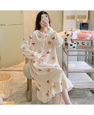 Plus Size Long Sleeve Thick Warm Flannel Print Nightgowns for Women Winter Cute Lace Sleepwear Night Dress Nightdress Nighty ...