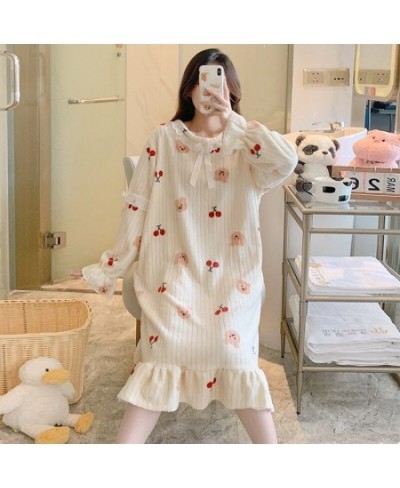 Plus Size Long Sleeve Thick Warm Flannel Print Nightgowns for Women Winter Cute Lace Sleepwear Night Dress Nightdress Nighty ...