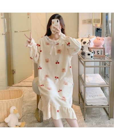 Plus Size Long Sleeve Thick Warm Flannel Print Nightgowns for Women Winter Cute Lace Sleepwear Night Dress Nightdress Nighty ...