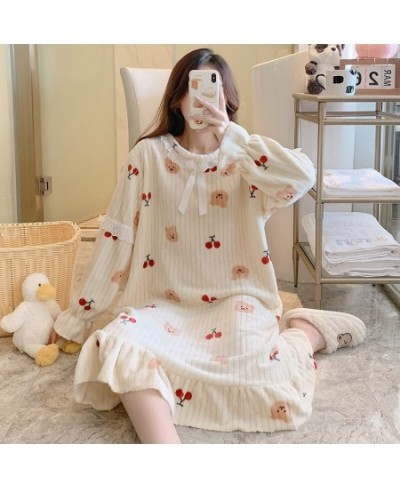 Plus Size Long Sleeve Thick Warm Flannel Print Nightgowns for Women Winter Cute Lace Sleepwear Night Dress Nightdress Nighty ...